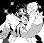  1girl carrying dowman_sayman flower frown gamagoori_ira greyscale hands_in_pockets hat jacket jacket_on_shoulders kill_la_kill mankanshoku_mako monochrome open_mouth princess_carry school_uniform short_hair size_difference skirt smile spikes 