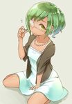  collarbone dark_skin dress eyepatch flying_sweatdrops green_eyes green_hair jewelry mootor mutsuki_tooru necklace pearl_necklace short_hair sitting solo tokyo_ghoul tokyo_ghoul:re 