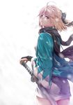  ahoge blonde_hair bow fate_(series) hair_bow hair_ribbon japanese_clothes katana kimono koha-ace looking_at_viewer looking_back okita_souji_(fate) okita_souji_(fate)_(all) open_mouth ribbon scarf short_hair short_kimono snow solo sword weapon yellow_eyes zucchini 