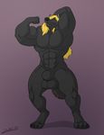  abs animal_genitalia balls biceps big_balls black_fur blonde_hair bulge canine flexing fur green_eyes grin hair invalid_tag juano long_hair male mammal muscular pecs sheath smile springfield tricep wolf 