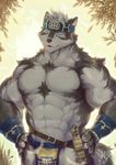  2017 abs anthro biceps big_muscles black_nose canine clothed clothing digital_media_(artwork) fur headband horkeukamui loincloth male mammal multicolored_fur muscular muscular_male nateesilnppalingal pecs simple_background solo tokyo_afterschool_summoners video_games white_fur wolf 