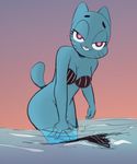 &lt;3 &lt;3_eyes 2017 anthro bikini blue_fur bottomless breasts butt cartoon_network cat cleavage clothed clothing dbaru digital_media_(artwork) feline female fur half-closed_eyes looking_at_viewer mammal nicole_watterson raised_tail red_eyes simple_background smile solo swimsuit the_amazing_world_of_gumball undressing water whiskers zeigram 