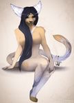  5_fingers angiewolf anthro black_hair blue_eyes breasts brown_nose eyelashes featureless_breasts female fur hair long_hair mammal nude simple_background sitting smile tan_fur wide_hips 