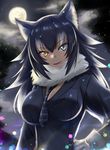  animal_ears between_breasts black_hair blue_eyes breasts fang_out full_moon fur_collar gloves grey_wolf_(kemono_friends) hand_on_hip heterochromia kemono_friends large_breasts long_hair looking_at_viewer moon multicolored_hair necktie necktie_between_breasts r-choco solo tail two-tone_hair wolf_ears wolf_tail yellow_eyes 