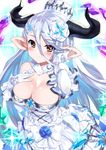  bare_shoulders breasts brown_eyes bucchake_(asami) cleavage dress elbow_gloves gloves granblue_fantasy hat horns izmir large_breasts long_hair looking_at_viewer mole mole_under_mouth pointy_ears solo white_hair 