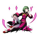  divine_gate eyebrows_visible_through_hair full_body green_hair hair_ornament hairclip looking_at_viewer naga_(divine_gate) official_art pantyhose purple_eyes red_footwear shoes short_hair solo transparent_background ucmm 