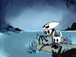  4_fingers amazing_background ambiguous_gender athropod cave detailed_background duo hollow_knight karta. lake mask melee_weapon not_furry protagonist_(hollow_knight) quarrel_(hollow_knight) stalactite water weapon 