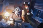  5_fingers anthro black_hair blue_eyes cat clothed clothing detailed_background duo feline hair holding_object male mammal melloque night sitting smile white_hair window 