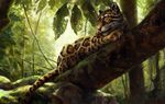  2017 black_eyes black_fur black_spots branch brown_fur clouded_leopard feline feral forest fur hi_res kenket lying mammal on_branch on_front outside painting_(artwork) paws portrait rock side_view solo spots spotted_body traditional_media_(artwork) tree whiskers white_fur yellow_sclera 