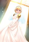  :d aegis_(persona) android blonde_hair blue_eyes blush bridal_veil dress earphones elbow_gloves gloves highres looking_at_viewer open_mouth persona persona_3 petals robot_joints short_hair smile solo twrlare veil wedding_dress 