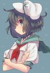  black_hair blue_background blue_eyes blush commentary_request crossed_arms hat highres looking_at_viewer murasa_minamitsu profile puffy_sleeves sailor_collar sailor_hat short_hair short_sleeves smile solo touhou upper_body usamata 