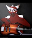  5_fingers angiewolf anthro black_bars black_nose canine fur guitar hair looking_at_viewer male mammal musical_instrument orange_eyes red_fur red_hair smile solo white_fur white_hair wolf 