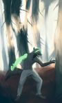  5_fingers angiewolf anthro barefoot canine clothed clothing detailed_background digitigrade forest fur green_fur male mammal open_mouth solo standing teeth tree wolf 