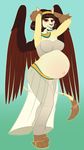  2017 anthro armpits belly big_belly big_breasts blush bra breasts brown_feathers brown_fur brown_hair clothed clothing feathered_wings feathers female footwear fur hair jewelry long_hair navel pregnant pregoo raised_arm red_eyes sandals smile solo sphinx tail_tuft teeth translucent transparent_clothing tuft underwear wings 