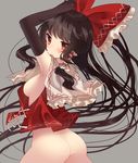  armpits ass black_gloves black_hair blush bottomless breasts brown_hair closed_mouth commentary_request elbow_gloves expressionless gloves grey_background hair_ornament hair_ribbon hair_tubes hakurei_reimu highres long_hair looking_at_viewer looking_back medium_breasts no_bra ponytail red_eyes ribbon shirt sideboob simple_background solo touhou usamata very_long_hair 