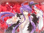  feathers flower flower_in_mouth haru_aki kamui_gakupo long_hair male_focus mouth_hold nail_polish purple_eyes purple_hair red_flower red_rose rose solo vocaloid 