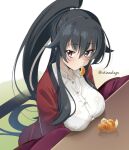  1girl alternate_costume black_hair bra_visible_through_clothes breasts brown_eyes collared_shirt dotera_(clothes) food food_in_mouth from_side fruit hair_between_eyes hair_ribbon highres kantai_collection kotatsu large_breasts liking long_hair looking_at_viewer looking_to_the_side mandarin_orange one-hour_drawing_challenge ponytail ribbon shirt sidelocks sitting solo table tatami twitter_username very_long_hair white_ribbon white_shirt yahagi_(kancolle) yahagi_kai_ni_(kancolle) 