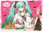  aqua_eyes aqua_hair bad_id bad_pixiv_id bespectacled cake casual chocolate cookie doughnut english food fork glasses hatsuko hatsune_miku headset long_hair lying macaron navel necktie on_side pancake pastry skirt sleeves_pushed_up solo sweets thighhighs twintails vocaloid wristband zipper 