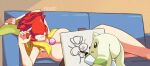  1girl :q armpits arms_up artist_name blonde_hair breasts convenient_censoring couch covered_eyes digimon drawing_(action) facing_viewer feet_out_of_frame fingernails floppy_ears head_on_pillow highres holding holding_marker horns indoors large_breasts light_smile long_hair lying marker nail_polish on_couch on_side pink_lips red_nails rosemon scene_reference single_horn supermondobeat terriermon terriermon_joshu titanic_(movie) tongue tongue_out 