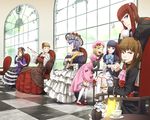  beatrice bug butterfly cup dress elbow_gloves eva_beatrice formal frederica_bernkastel gahaku gloves hat highres hime_cut insect kiseru lambdadelta long_hair maria_(umineko) multiple_girls pink_hat pipe tea teacup umineko_no_naku_koro_ni ushiromiya_ange virgilia 