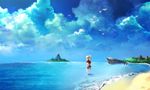  beach bird blonde_hair chrono_cross cloud day highres island kid_(chrono_cross) long_hair multi-tied_hair ocean outdoors ponytail scenery skirt sky solo sunakumo water 