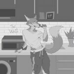 1:1 absurd_res anthro appliance bonelesswolf bottomwear bracelet brush brushing brushing_teeth canid canine clock clothing crop_top dishwasher ear_piercing fox furniture hi_res houseplant huge_filesize inside jewelry kitchen kitchen_appliance kitchen_sink leaning leaning_on_furniture looking_at_viewer loose_shirt male mammal microwave_oven midriff oversized_clothing pants picture_frame piercing pink_floyd plant plant_pot shirt skinny skinny_male smartwatch solo sweatpants tail teeth teeth_showing the_wall_(album) toothbrush toothbrush_in_mouth topwear watch