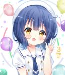  1girl :d balloon bangs beret blue_eyes blue_neckwear blue_outline blush brown_eyes collared_dress commentary_request deyui dress eyebrows_visible_through_hair fang gochuumon_wa_usagi_desu_ka? hair_between_eyes hand_up hat jouga_maya kafuu_chino&#039;s_school_uniform looking_at_viewer open_mouth outline puffy_short_sleeves puffy_sleeves school_uniform short_sleeves smile solo upper_body w white_background white_dress white_headwear yellow_eyes 