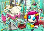  blue_eyes commentary desk english_commentary finger_to_face food hair_ornament hairclip holographic_interface ice_cream kirby:_planet_robobot kirby_(series) mecha official_art pink_hair plug repairing screw smoke solo spoon susie_(kirby) wire wrench 