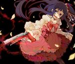  bangs black_background blood blood_on_face bloody_clothes bloody_hair blue_eyes blue_hair bow choker corset dawn_of_the_golden_witch dress flower frills furudo_erika gun hair_flower hair_ornament holding isago_(ica) long_hair open_mouth pantyhose petals pink_bow print_legwear puffy_sleeves red_flower red_rose ribbon rose smoke smoking_gun solo teeth twintails umineko_no_naku_koro_ni weapon 