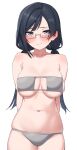  1girl absurdres arms_behind_back bikini black_hair blush breasts cleavage closed_mouth collarbone commentary_request cowboy_shot eyepatch_bikini grey_bikini highres large_breasts long_hair looking_at_viewer love_live! love_live!_nijigasaki_high_school_idol_club low_twintails nakagawa_nana nasuno_(nasuno42) navel rectangular_eyewear semi-rimless_eyewear simple_background skindentation solo stomach swimsuit thighs twintails white_background yuki_setsuna 