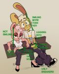 absurd_res agtartzz anthro asymmetrical_ears bench blonde_hair blush blush_stickers bottomwear chipmunk clothing countershading crop_top cuddles_(htf) curled_hair dark_eyelids dot_eyes duo ear_piercing english_text eyelashes female footwear frown giggles_(htf) ground_squirrel hair half-closed_eyes hands_on_crotch happy_tree_friends heart_nose heart_symbol hi_res high_heels jewelry lagomorph leaning leaning_on_another leporid looking_at_viewer male mammal narrowed_eyes necklace one_ear_up pants piercing pink_eyes pink_hair rabbit red_inner_ear rodent rosy_cheeks sciurid scut_tail shirt shoes short_tail signature simple_background sitting smile sneakers spread_arms spread_legs spreading tail text topwear wristband yellow_body