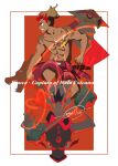  1boy abs absurdres alolan_marowak black_eyes border cccacademia character_name charizard clenched_teeth collarbone commentary_request dark-skinned_male dark_skin highres jewelry kiawe_(pokemon) male_focus navel necklace paldean_tauros paldean_tauros_(blaze_breed) pokemon pokemon_(anime) pokemon_(creature) pokemon_sm_(anime) red_hair red_shorts short_hair shorts signature teeth toned toned_male topless turtonator white_border 