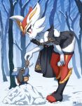 anthro biped blue_body blue_fur blush breasts cinderace clothed clothing detailed_background duo eyelashes female forest fur generation_4_pokemon generation_8_pokemon hi_res nintendo outside plant pokemon pokemon_(species) pupils rilex_lenov riolu side_view size_difference small_breasts smile snow thick_thighs tree white_body white_fur