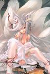  albino animal_ears anklet bell bow bow_(weapon) breasts choker fox fox_ears fox_mask hair_ornament highres jewelry kyuubi long_hair mask medium_breasts miwa_yoshikazu moe_moe_youkai_jiten multiple_tails one_eye_closed red_eyes silver_hair solo tail thighhighs very_long_hair weapon 