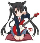  animal_ears bass_guitar cat_ears hizuki_yayoi instrument k-on! kneeling nakano_azusa neck_ribbon paw_pose pillow red_ribbon ribbon school_uniform solo transparent_background 