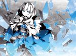  alice_margatroid asakura_masatoki blue blue_eyes broken_glass capelet day dress from_above glass hairband jpeg_artifacts looking_up obi partially_colored rain sad sash shatter short_hair sky solo standing touhou 