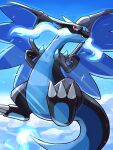  absurdres blue_fire bright_pupils charizard claws cloud commentary_request fang fire flying highres mega_charizard_x mega_pokemon neko_gyoza no_humans pokemon pokemon_(creature) red_eyes smile solo white_pupils wings 