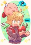  &gt;_&lt; apple blonde_hair blue_eyes blush chibi food fruit highres kirby kirby_(series) kiriya_(552260) male_focus multiple_boys open_mouth short_hair shulk super_smash_bros. super_smash_bros._ultimate worms xenoblade_(series) xenoblade_1 