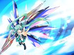  aqua_hair blue_eyes detached_sleeves haru_aki hatsune_miku long_hair mechanical_wings musical_note necktie outstretched_arm outstretched_hand polearm reaching skirt sky solo spear thighhighs twintails very_long_hair vocaloid wallpaper weapon wings 
