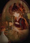  1girl absurdres alternate_skin_color bell blunt_bangs blurry blurry_background braid breasts brown_hair chinese_commentary cleavage closed_mouth commentary_request cookie_run dark dated depth_of_field facial_mark flower forehead_mark hair_flower hair_ornament highres holding humanization indoors jingle_bell lipgloss long_sleeves looking_at_viewer mirror oval_image pale_skin pomegranate_cookie red_eyes red_pupils red_shrug red_trim reflection reflection_focus sash shidati shrug_(clothing) signature small_breasts solo spider_lily tassel upper_body vase white_sleeves wide_sleeves yellow_sash 