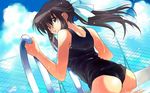  ass black_school_swimsuit chain-link_fence cloud copyright_request day dutch_angle fence from_behind hair_ribbon highres long_hair looking_back matsumoto_noriyuki one-piece_swimsuit parted_lips ponytail pool pool_ladder poolside ribbon school_swimsuit solo swimsuit wallpaper wet widescreen 