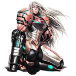  arm_cannon blonde_hair blue_eyes headwear_removed helmet helmet_removed iwai_ryou lips long_hair metroid neon_trim one_knee power_suit samus_aran simple_background solo weapon 