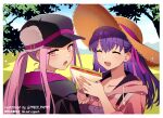  2girls black_hat black_jacket blue_sky breasts closed_eyes fate/grand_order fate_(series) food fur-trimmed_headwear fur_trim hair_ribbon hat hood hooded_sweater jacket large_breasts long_hair long_sleeves looking_back matou_sakura medusa_(fate) medusa_(saber)_(fate) medusa_(saber)_(first_ascension)_(fate) meiji_ken multiple_girls open_mouth overalls parted_bangs pink_sweater purple_eyes purple_hair ribbon sakura_(paper_moon) sandwich sidelocks sky smile straw_hat sweater tree twintails very_long_hair 