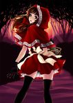  back basket blue_eyes brown_hair forest gloves grimm's_fairy_tales highres hood kunishige_keiichi lips little_red_riding_hood little_red_riding_hood_(grimm) long_hair looking_back nature skirt solo sunset thighhighs 