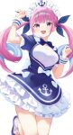  1girl anchor_hat_ornament anchor_symbol arm_up blue_bow blue_bowtie blue_dress blue_footwear blue_hair blue_ribbon blush bow bowtie braid breasts cleavage colored_inner_hair commentary curly_hair dress feet_up fuji_noyume hair_ribbon hat_ornament highres hololive long_hair maid maid_headdress minato_aqua multicolored_hair open_mouth pink_eyes pink_hair ribbon short_sleeves smile solo streaked_hair symbol-only_commentary thighs twintails two-tone_hair virtual_youtuber white_background white_bow white_wrist_cuffs wrist_cuffs 