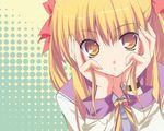  blonde_hair clock copyright_request fumio_(ura_fmo) halftone halftone_background hands_on_own_face looking_at_viewer ribbon short_hair solo staring twintails watch wristwatch yellow_eyes 