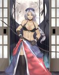  arrow bamboo bamboo_forest bikini_top blue_eyes bow_(weapon) braid breasts choker cleavage closed_mouth collarbone fingerless_gloves forest front-tie_top gloves grey_hair highres houtengeki large_breasts moon nature navel solo thighhighs touhou weapon yagokoro_eirin 