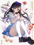  1girl absurdres alina_clover black_footwear blue_eyes blue_skirt blush breasts cake cake_slice closed_mouth copyright_name cup cupcake dress eyebrows_hidden_by_hair flower food fork full_body gaou_(umaiyo_puyoman) guild_no_uketsukejou_desu_ga_zangyou_wa_iya_nanode_boss_wo_solo_toubatsu_shiyou_to_omoimasu hair_ribbon highres holding holding_fork jam large_breasts looking_at_viewer pudding purple_ribbon ribbon saucer sitting skirt smile solo spoon tea teacup teapot thighhighs tray vase white_background white_dress white_thighhighs 