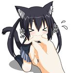  &gt;_&lt; :3 animal_ear_fluff animal_ears biting blush cat_ears cat_tail chibi closed_eyes finger_biting k-on! kneehighs kohinata_sora long_hair lowres minigirl nakano_azusa school_uniform skirt socks solo tail tears translated twintails x3 