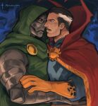  2boys bara cape character_request couple doctor_strange eye_contact facial_hair from_side highres hood hood_up looking_at_another male_focus mask mature_male multiple_boys mustache profile short_hair thick_eyebrows upper_body ven_(matchavtea) yaoi 